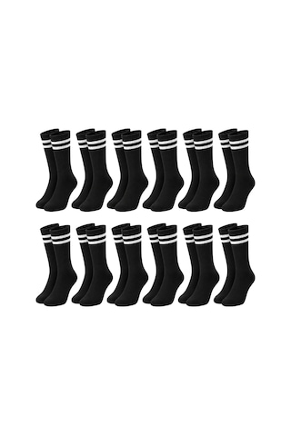 Womanandkids Wak Unisex Siyah Çorap Beyaz Çizgili 12'li Set Uzun Soket Günlük Spor Kolej Stil Kadın Erkek Çorabı