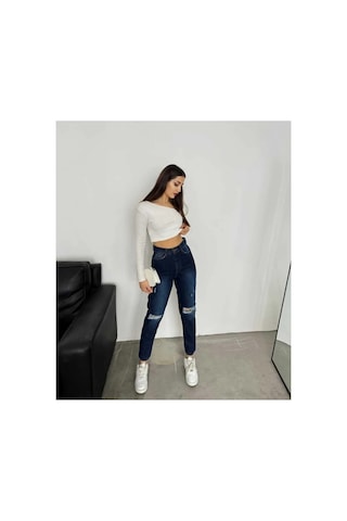 Kene Jeans Yüksek Bel Lacivert Çift Diz Lazer Yırtık Mom Jeans Lacivert