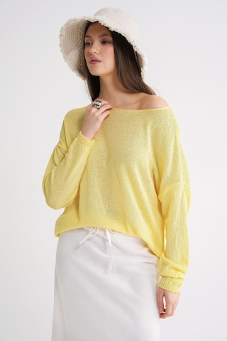 6933 Kadın Kayık Yaka İnce Mevsimlik Triko Kazak Sarı Sarı