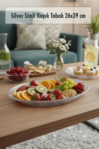 Silver Simli Büyük Kayık Tabak Sunum & Servis Tabağı - 26,5 X 39,5 Cm Gümüş