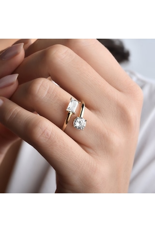 14 Ayar Altın Kaplama Baget Ve Yuvarlak Kesim Taşlı Yüzük - Rs00115 Altın