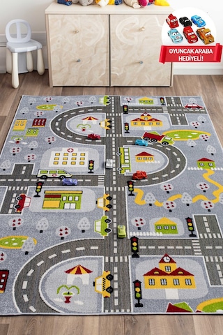 Konfor Halı 3 Boyutlu Gri Trafik Arabalı Ana Okulu Kreş Halısı Dokuma Çocuk Oyun Halısı