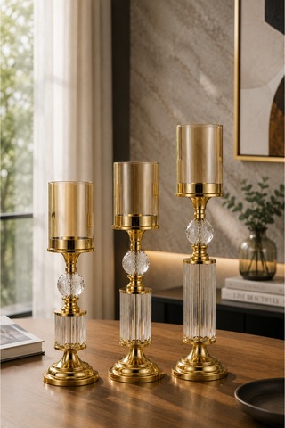 Kristal Ve Cam Detaylı Metal Şamdan Sarı