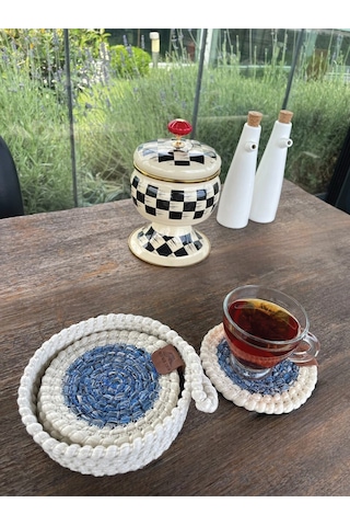 4 Adet Yuvarlak Dekoratif Bardak Altlığı Seti - Yuvarlak , Leke Tutmaz - Beyaz-mavi 13x13 Cm Beyaz - Mavi
