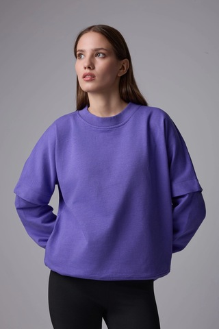 Defys Kadın Bisiklet Yaka Kol Detaylı Oversize Fit Basic Sweatshirt Mor - 598314741 Mor