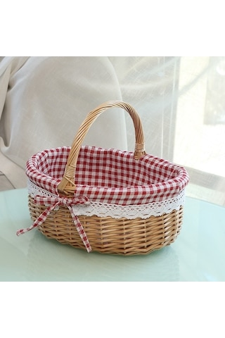 Pazly Cbtx Saplı Hasır Piknik Sepeti Söğüt El Dokuma Paskalya Sepeti Oyuncak Saklama, Boyut: L - Kırmızı Izgara, Paskalya Sepeti, Boyut: L - Kırmızı Izgara Ahşap