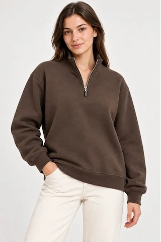 N11 Üç İplik İçi Şardonlu Dik Yaka Yarım Fermuarlı Kışlık Sweatshirt - Kahverengi