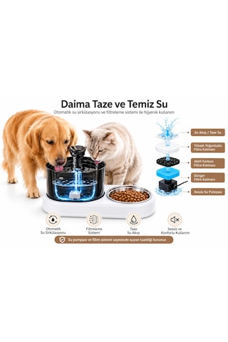 Kedi Köpek İçin 2'si 1 Arada Öşft Otomatik Su Sebili 1.8 Litre Ve Mama Kabı Besleme Seti Su Çeşmesi Sürekli Taze Su Evcil Hayvan