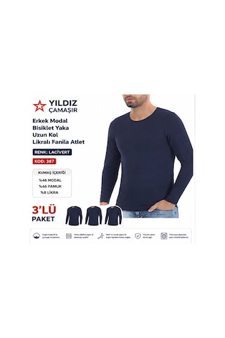 Yıldız Çamaşır Erkek Modal Bisiklet Yaka Uzun Kol Likralı Fanila Atlet 385-386-387 - 3 Adet Lacivert