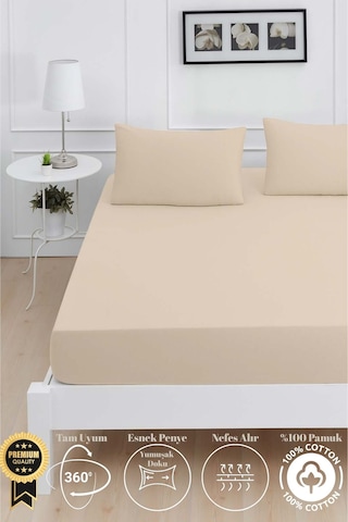 Mirava Premium %100 Pamuk Penye Lastikli Tek Kişilik Çarşaf Takımı 1 Yastık Kılıfı Dahil Bej 100x200cm Bej
