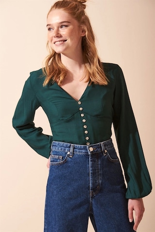 Düğme Detaylı V Yaka Uzun Kol Bluz Yeşil