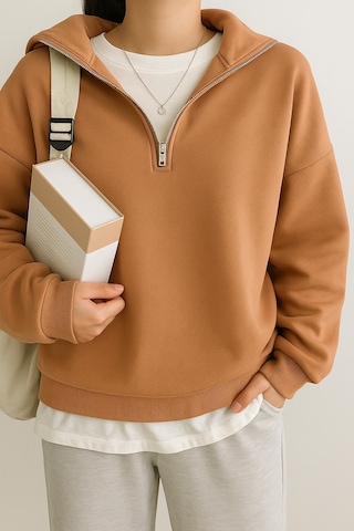 Ghassy Co. Kadın Pamuklu Oversize Silver Yarım Fermuarlı Sweatshirt Tarçın