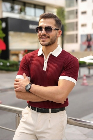 Efnaz Style Erkek Yaka Ve Kol Detaylı Fermuar Yakalı Çizgi Desen Kısa Kollu Triko Tişört Altın