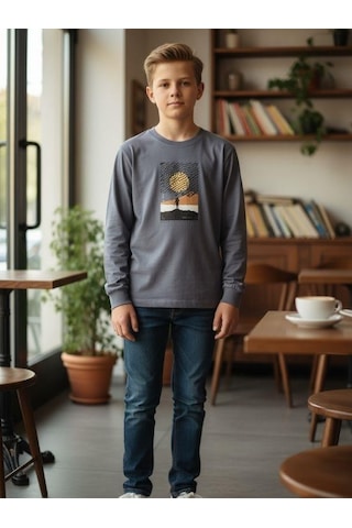 Zekids Erkek Çocuk Pamuklu Manzara Baskılı İnce Uzun Kollu Sweatshirt-16341 Gri