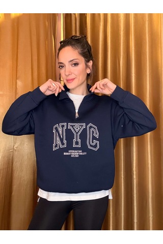 Ali Butik Lacivert Nyc Nakışlı Şardonlu Sweatshirt Lacivert