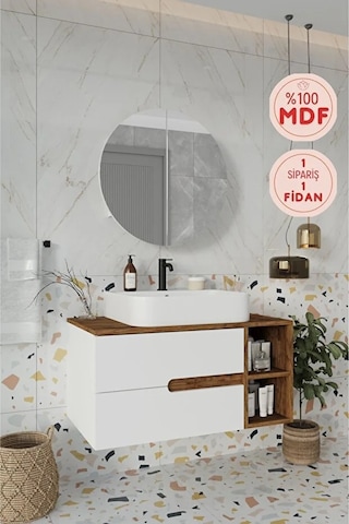 Koza Beyaz 90 Cm %100 Mdf Lavabolu Banyo Dolabı Ayna Lavabo Beyaz