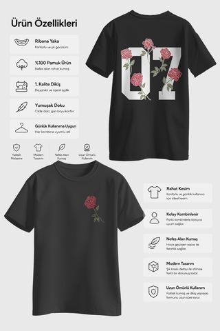 Spoyi Street Rose Tasarımlı %100 Pamuk Yarım Oversize Siyah T-shirt