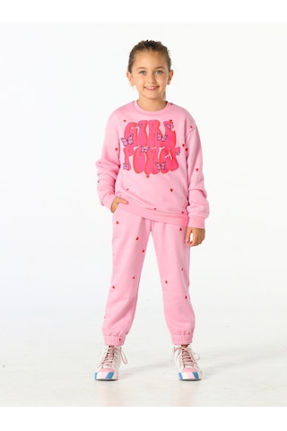 Kalp Desenli Girl Power Eşofman Takım Pembe