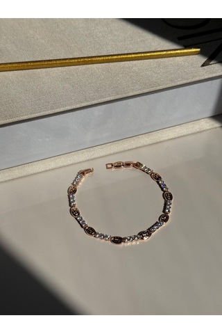 Zincir Motifli Zirkon Taşlı Altın Renk Çelik Bileklik Şık Kadın Takı Gümüş