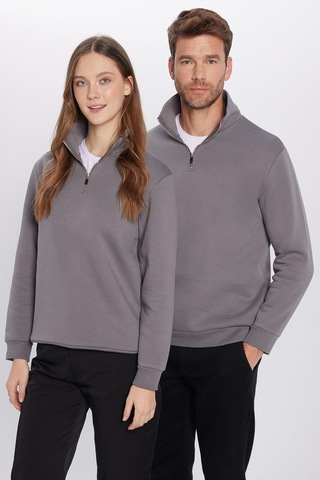 Tudors Unisex Relax Fit Rahat Kesim Pamuklu İçi Polarlı Yarım Fermuarlı Gri Dik Yaka Sweatshirt-31445 Gri