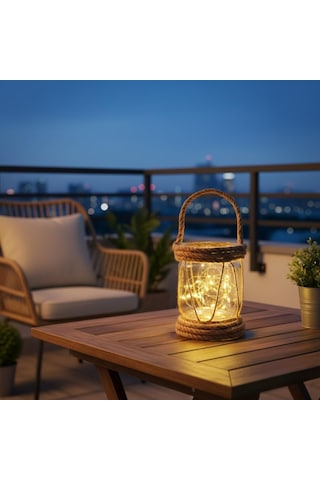 Dyrıs Rustik Halatlı Cam Fener, Pilli Led Işıklı Dekoratif Kavanoz Lamba, Bahçe Ve Balkon Aydınlatması, 20x10 Cm