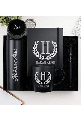 Bk Gift Kişiye Özel Siyah Dereceli Termos, Kupa Ve Tükenmez Kalem Hediye Seti-1 Babalar Günü Hediyesi, Yeni İş Hediyesi, Öğretmene Hediye Kobitmeyen
