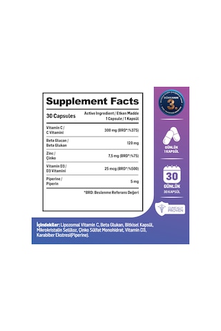Shield Güçlü Bağışıklık Desteği Lipozomal C Vitamini, Beta Glukan, D Vitamini, Çinko 30 Kapsül