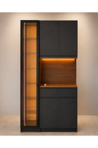 Noir Antrasit Kahve Köşesi Dolabı Led Aydınlatmalı Reflekte Camlı 2 Çekmeceli 200x100x40 Cm Antrasit Ve Ahşap