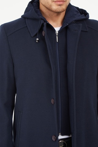 Sposo 1704 Çıkma Kapşonlu Yün Kaşe Açık Lacivert Erkek Kaban Açık Lacivert