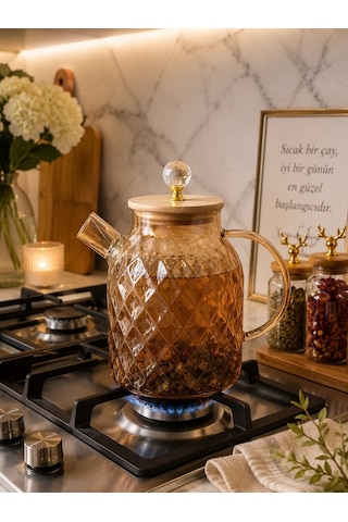 Qerhome Ateşe Dayanıklı Borosilikat Cam Demlik 1800 Ml Bambu Kapaklı Amber Cam Sürahili Çaydanlık Dh-43