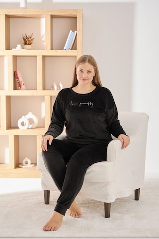 Pijamoni Kadın Yumuşak Kadife Bisiklet Yaka Koyu Siyah Pijama Takımı Koyu Siyah