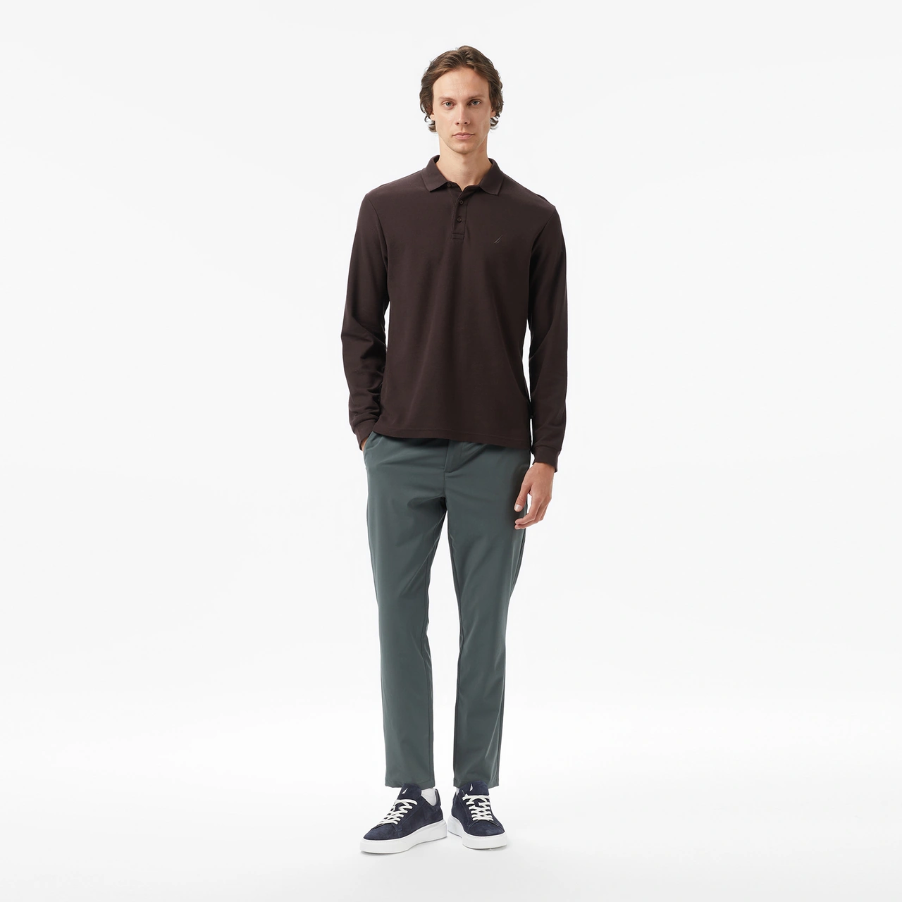 Nautica Erkek Kahverengi Classic Fit Uzun Kollu Polo Yaka T-shirt Düz K57351t Kahverengi