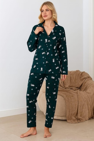Kadın 02289 Önü Düğmeli Süet Pijama Takımı Yeşil Yeşil