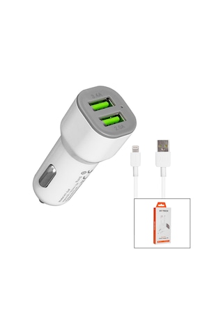 Araç Çakmaklık Çift Usb Hızlı Şarj Başlığı Ve Lightning Kablosu Sarı