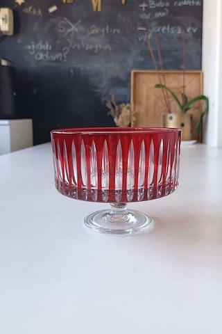 Kesme Cam Kadeh Mumluk Vazo Kırmızı Beykoz Cam Bordo
