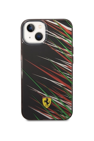 İphone Uyumlu 14 Kılıf Ferrari Lisanslı Baskı Logolu Çimen Desenli Kapak Siyah