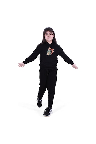 Fyk Kids Kedi Baskılı Kız Çocuk Eşofman Takımı Siyah