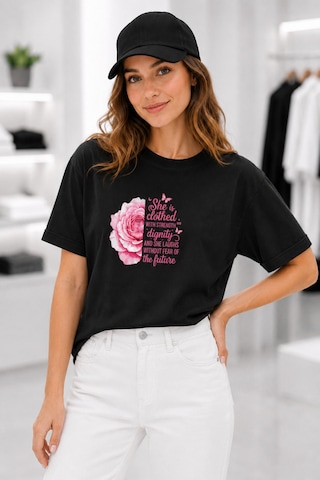 Bayloranzzo Rose Art %100 Pamuk Heavy Cotton Premium Kalite Kadın Tişört Siyah