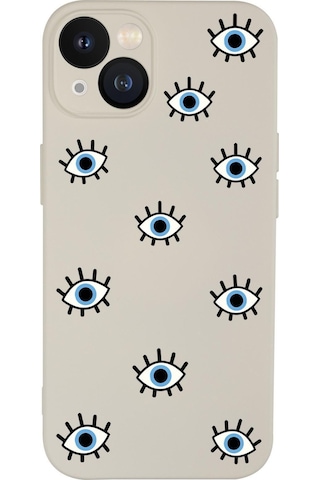 Iphone 13 Uyumlu Nazar Gözler Desenli Kamera Lens Korumalı Darbe Emici Silikonlu Lansman Kılıf Krem