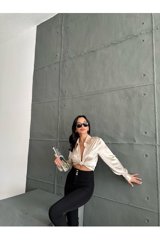 Kadın Oversize Taş Renk Saten Gömlek-taş Taş
