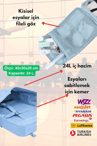 Jet Turtle Seyahat Sırt Çantası 40cm 40x25x15 Cm Pegasus, Wizz Air, Ryanair, El Valizi Koltuk Altı Valizi Buz Mavisi
