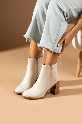 Shoetek Lauretta Kadın Bot&bootie Yandan Lastikli Kalın Topuklu Bej Deri Bej Cilt