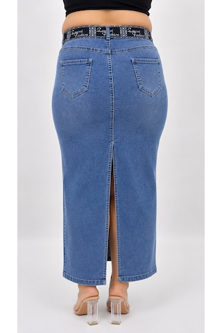 Büyük Beden Denim Kemerli Yırtmaçlı Kalem Etek Mavi