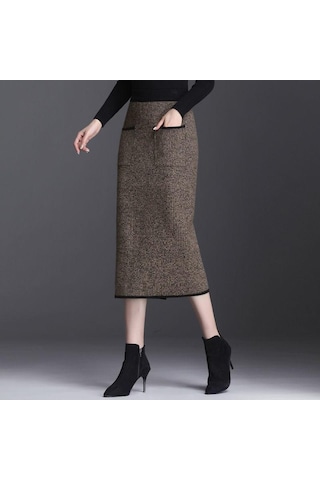 Sonbahar Kış Kadın Midi Örme Etek Kadın Etek Yüksek Bel Kalınlaşmak Cepler Ince Bir Adım Kalça Etek Kahverengi
