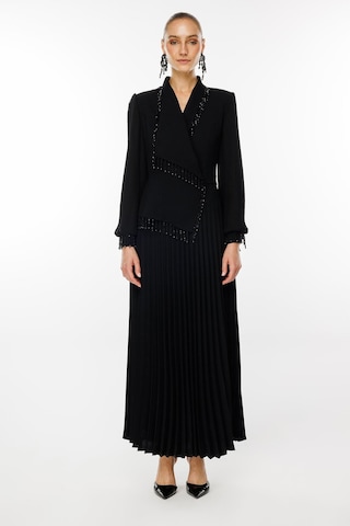 Moda İlgi Kadın Boncuk Detaylı Piliseli Uzun Elbise 6073 Siyah Siyah