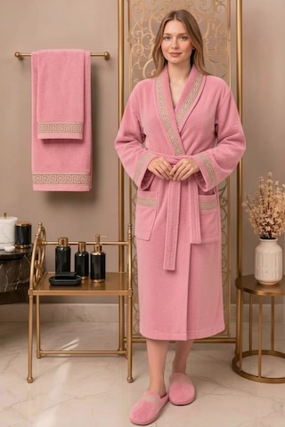 Premium %100 Pamuk Unisex Şalyaka Cepli Bornoz Seti 4 Parça Havlu Terlik Takımı Pembe Pembe