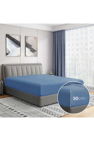 Soley Jersey %100 Pamuk Çift Kişilik 140 X 200 Lastikli Çarşaf İndigo Mavi