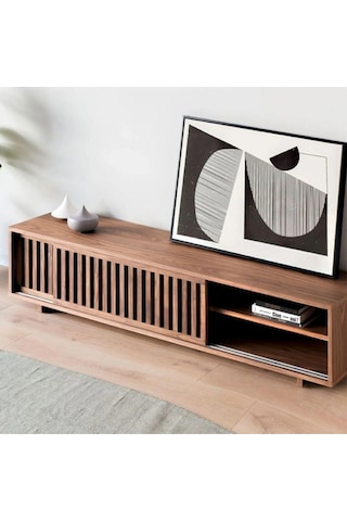 Linea Ahşap Modern Tv Ünitesi Sürgü Izgara Kapaklı Natural