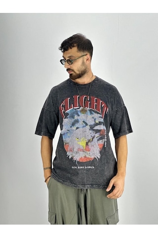 Cocopelli Erkek Yıkamalı Kumaş Baskılı T-shirt Coc2217 Siyah