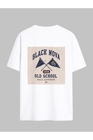 Black Nova Oversize Baskılı Unisex Tişört Old School Beyaz